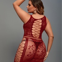Combinaison en résille grande taille avec broderie décorative, rouge, transparente, body en résille, lingerie sexy pour femmes