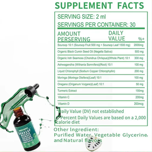 Gouttes liquides orales de corossol amer, algues marines, moringa, curcuma, huile de nigelle, origan, ashwagandha, complément alimentaire pour le soutien immunitaire - Product Image 4