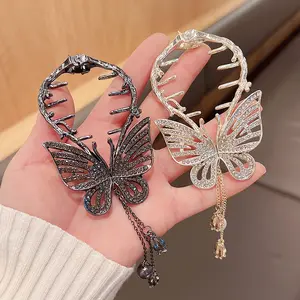 Qianjin cristal diamant papillon pinces à cheveux Vintage luxe papillon gland queue de cheval boucle pince strass métal épingle à cheveux