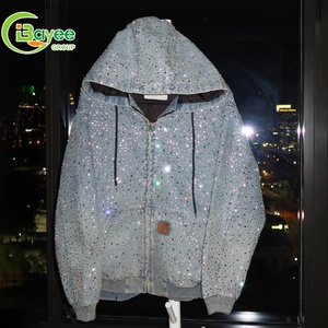 هودي مخصص مزين بالأحجار الكريستالية، قطن ثقيل الوزن، ملابس الشارع الكريستالية، تصميم عتيق فضفاض كبير الحجم، هودي دنيم بسحاب وتطريز للرجال - Product Image 1