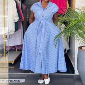 Robes Maxi Élégantes pour Femmes à Manches Courtes, Boutonnées, Rayées, Style Africain, avec Ceinture à Nouer, Écologiques, en Crochet, Taille Naturelle, Tendance - Product Image 3