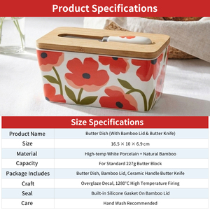 Pot à beurre en céramique style campagnard avec couvercle en bambou et couteau à beurre, grande boîte de rangement à motif floral rouge pour beurre, fromage, confiture - Product Image 6