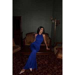 Robe longue Thelma vintage bleu marine en polyester, coupe empire, avec dentelle, disponible en tailles XS à XL - Product Image 5