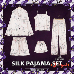 Women's 7-Piece Silk Satin Pyjama Sleepwear Set Floral Printing Cami PJs Shirt and <b>Eye</b> <b>Mask</b> with Elastic Waist Closure - Product Image 2