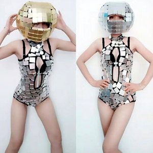 Costume miroir argenté en <span class=keywords><strong>acrylique</strong></span> pour femme, avec casque et pantalon moulant, pour spectacle, concours de talent, DJ, danse, bar, fête, pour adulte - Product Image 4
