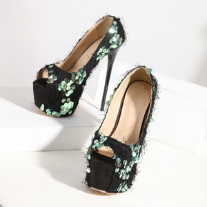 Escarpins Sexy à Talon Haut Plateforme Peep Toe 16CM 2025 à Paillettes Noirs pour Femme – Idéals pour les Soirées en Boîte de Nuit - Product Image 5