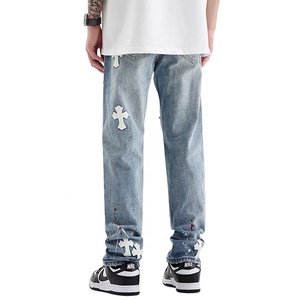 <span class=keywords><strong>Jeans</strong></span> incrociati da uomo con toppa strappata 2023 primavera/estate <span class=keywords><strong>pantaloni</strong></span> in Denim a gamba dritta - Product Image 3