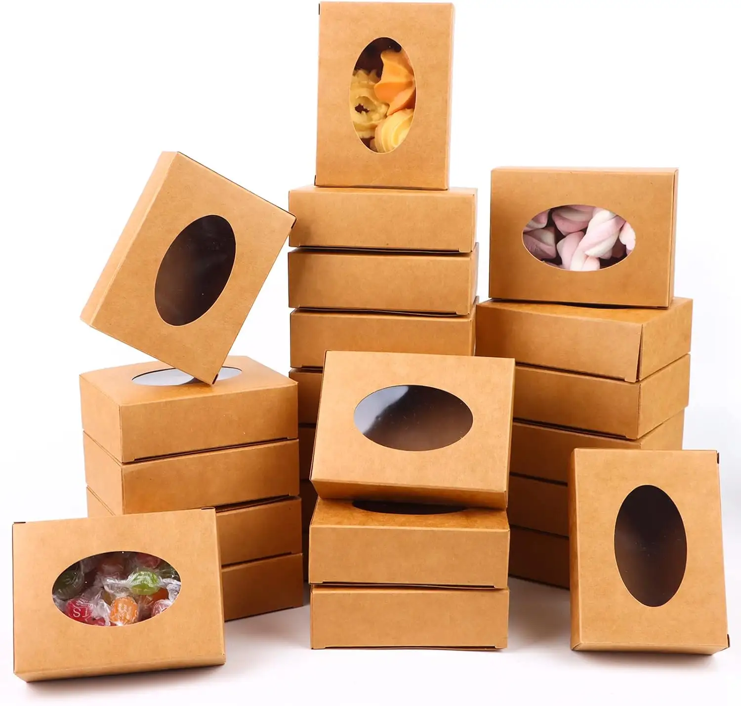 Mini Kraft Paper Packaging Cardboard Present Boxes with Window Round for Homemade Soap Favor Treat Bakery Candy