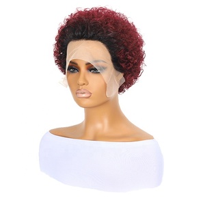 Perruque <span class=keywords><strong>courte</strong></span> bouclée en cheveux humains UMS Wholesales - Perruque afro bouclée à explosion avec dentelle frontale 13x1, coupe elfe - Product Image 1