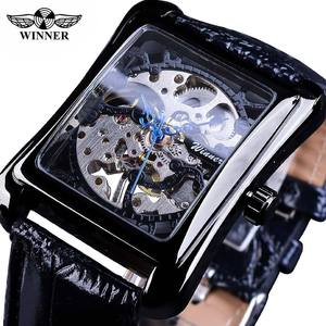 Ganador SLZa62 mecánico de los hombres mano sinuoso <span class=keywords><strong>reloj</strong></span> antiguo hombre esqueleto de oro cuadrado Dial correa de cuero Relojes - Product Image 3