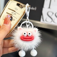 Porte-clés de voiture en peluche fait main en fourrure de vison, modèle boule de charbon à grande bouche, mignon dessin animé, décoration de sac, cadeau