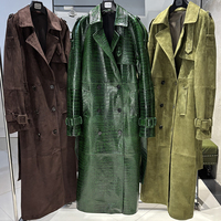 Damen Vintage Wildleder Langer Trenchcoat mit Gürtel Echtes Schafsleder Herbst Winddichter Mantel