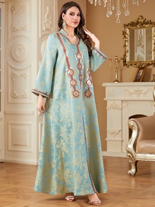 R-396 nuovo elegante vestito musulmano Eid da donna ricamo a mano di lusso Abaya colletto alto Jalabiya abito da festa lungo arabo interno - Product Image 4
