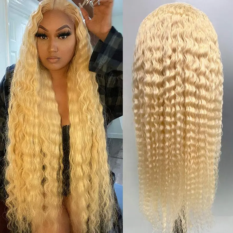 Long Blond 613 Closure Frontal Curly Wig Glueless Deep Wave Blonde 613 Transparent HD Full Lace Front Virgin Human Hair Wigs