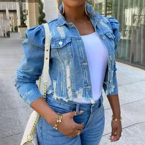 New Design Fashion Top Quality Blue Fall Jackets Women Puff Sleeve Cropped Jean Jackets For Ladies
