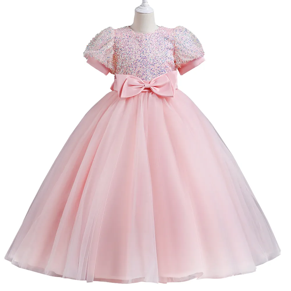 Flower Girl Cute Kids Party Dress Children Pink Beaded Wedding Party Dresses LS6068