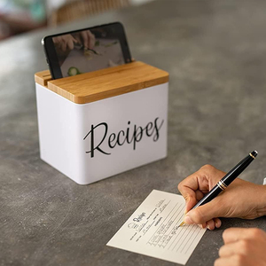 Metal <strong>Recipe</strong> <strong>Box</strong> With Cards and Dividers - White Metal Body, Wooden Lid with Phone Holder and <strong>Recipe</strong> Card Holder - Product Image 2