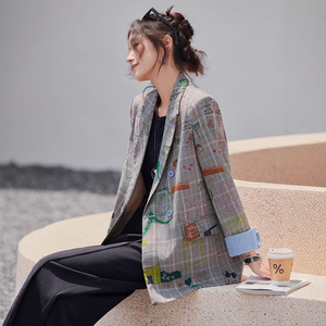 Women's Blazer Gray Plaid Graffiti Pattern Breathable Spring Autumn Casual Suit Jacket - Product Image 1