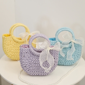 2025 Summer Handmade Woven Straw Shoulder Bags Ladies Candy Color Crossbody Bags Girls Pearl Chain Bucket Bag with Bow Scarves - Product Image 1