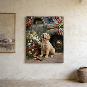 <span class=keywords><strong>ภาพ</strong></span><span class=keywords><strong>วาด</strong></span>บนผื<span class=keywords><strong>น</strong></span>ผ้าใบติดกรอบลายธงชาติอเมริกา รูปสุนัขและดอกไม้ สำหรับตกแต่งบ้านสไตล์ฟาร์มเฮาส์ - Product Image 4