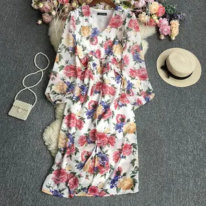 Grosir 9 warna gaun floral musim panas gaun lengan panjang wanita