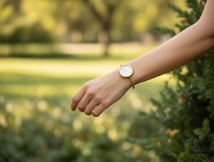 HBVID Orologio da donna alla moda, cassa rotonda placcata in oro, bracciale in lega, resistente all'acqua - Product Image 2