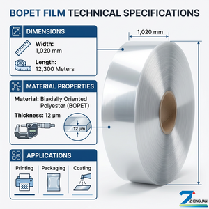 Película Base de Impresión de 12μm, Película BOPET, para Impresión/Recubrimiento por Extrusión/Bolsas Termosellables para Alimentos Congelados/Envases para Alimentos o Cosméticos - Product Image 1