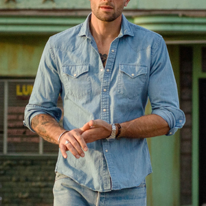 Hellblaue Ranch-Wear Cowboy-Hemden Kurzarm mit Perlmuttknöpfen Western-Denim-Hemden - Product Image 6