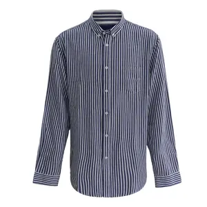 Camisa de linho masculina, camisa de manga longa listrada de linho, casual, grande