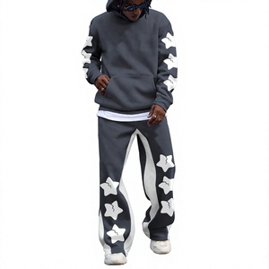 Men's Gray Hooded Tracksuit Set With White <b>Star</b> Print Loose Fit Streetwear Sweatshirt And Pants Full Length Autumn Wear - Product Image 1