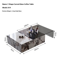 Table basse moderne en verre courbé en forme de 7, ensemble table basse et meuble TV, table basse rectangulaire avec rangement pour salon