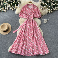 Robe longue décontractée pour femmes à pois, manches courtes bouffantes, coupe trapèze, avec ceinture et boutons, pour un usage quotidien