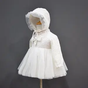 Gaun Lengan Panjang Bayi Perempuan, Gaun Pesta Ulang Tahun Renda Malaikat dengan Topi untuk Putri Musim Panas 2020