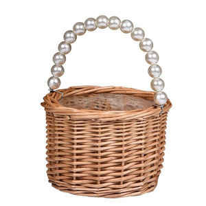 <b>Willow</b> Woven Flower <b>Basket</b> With Pearl Handle Pink Ribbon Wedding Gift <b>Basket</b> For Flower Girl Storage - Product Image 3