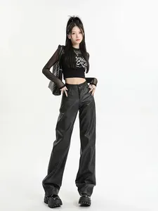 <span class=keywords><strong>Pantaloni</strong></span> Casual Vintage <span class=keywords><strong>in</strong></span> Ecopelle per Donna, Vita Alta, Finta <span class=keywords><strong>Pelle</strong></span> Opaca, Gamba Dritta <span class=keywords><strong>con</strong></span> Tasche, Streetwear Personalizzato - Product Image 4