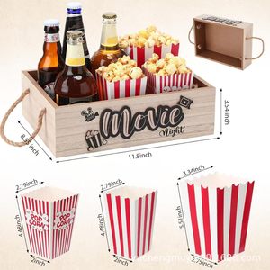Caja de madera para refrigerios con asa, organizador de palomitas y bebidas, organizador rectangular portátil de madera maciza para noche de cine - Product Image 4