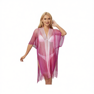 Cárdigan de malla pequeña con degradado y detalles de flecos para mujer, ropa de playa, traje de baño de verano, prenda exterior - Product Image 2