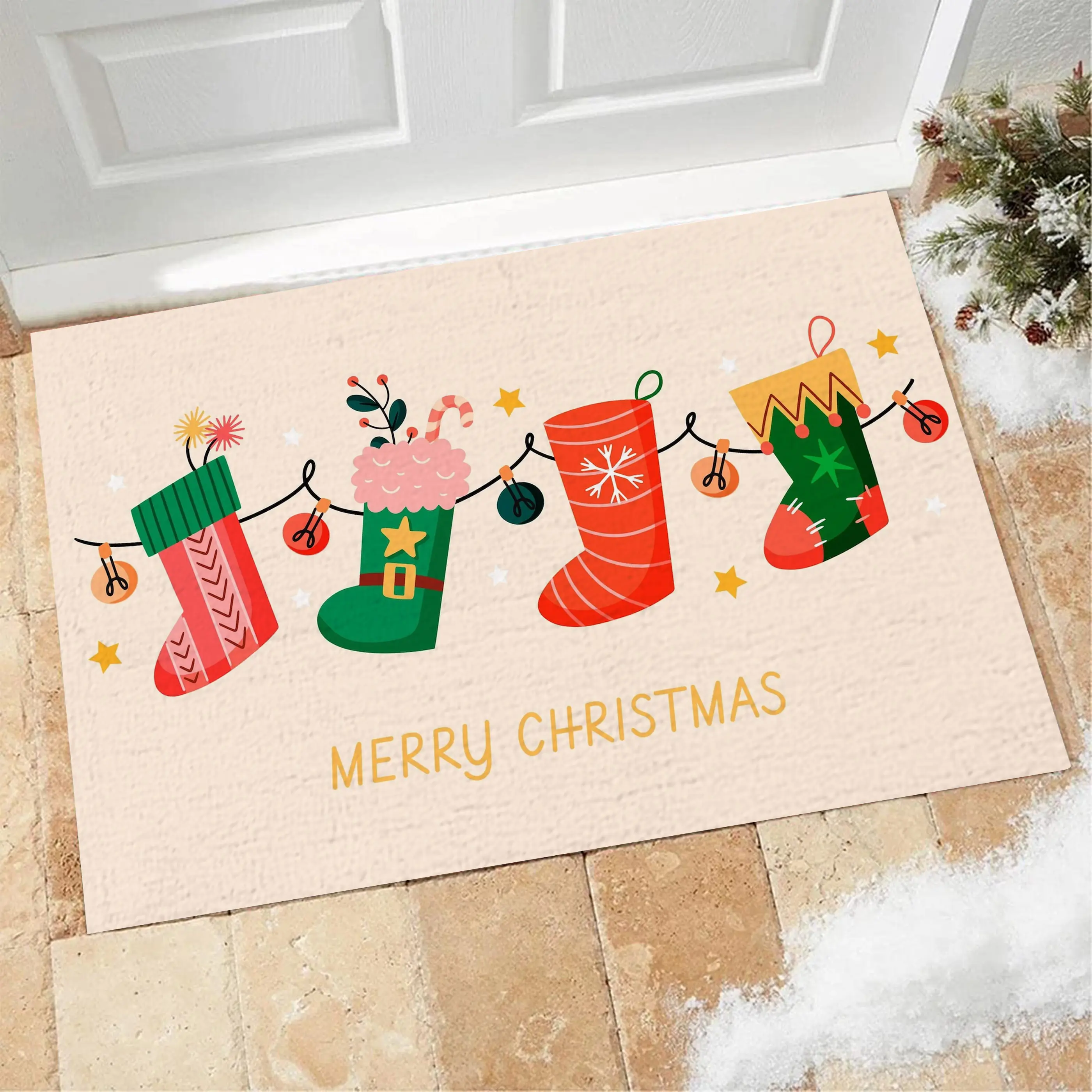 Tapis de bienvenue de noël, tapis de porte antidérapant, vente en gros, tapis de noël imprimé personnalisé, dessin animé