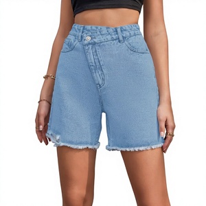 Short en jean vintage taille haute pour femme, coupe droite, délavé aux enzymes, effet amincissant, bords effilochés, en polyester/coton - Product Image 3