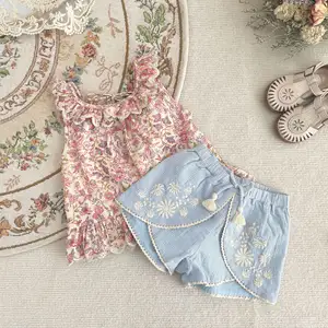 Conjuntos de ropa para niñas, ropa informal con bordado floral y volantes