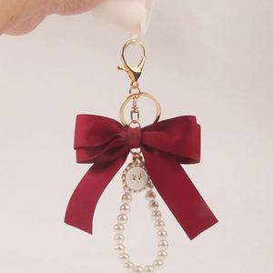 Creative <b>Large</b> Silk Ribbon Bow Knot Pearl Tassel <b>Key</b> <b>Ring</b> Rhinestone Crystal Keychain Silk Screen Fashion for Women Girl - Product Image 4