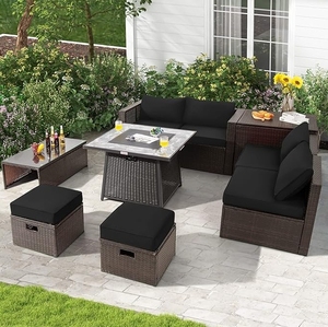 Modern Outdoor Wicker Conversation Set featuring <b>Fire</b> <b>Pit</b> <b>Table</b> and Vibrant Red Cushions for Lawn Pool - Product Image 1