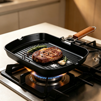 Wajan Panggang Lipat 34X24CM dengan Gagang Kayu, Anti Gores, Anti Lengket, Wajan Goreng Persegi Aluminium untuk Memasak Steak di Luar Ruangan