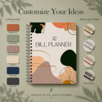 Planificateur de budget personnalisé 2026 2027 avec impression couleur, format A5, couverture en papier spirale abstrait botanique, style minimaliste terreux, avec onglets