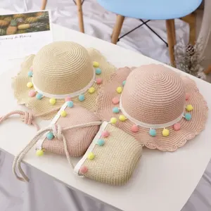 Conjunto de sombrero y bolso de playa de paja elegante con bola de pompón para niños, conjuntos de dos piezas para niñas