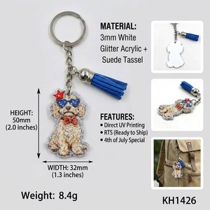 <span class=keywords><strong>Porte</strong></span>-clés personnalisé en acrylique blanc pailleté avec impression UV Golden Retriever patriotique, souvenir du 4 juillet, cadeau de la fête de l'Indépendance, avec <span class=keywords><strong>pompon</strong></span>, prêt à expédier - Product Image 3