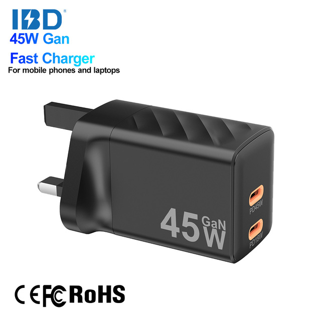 For PD 45W 3.0 Fast Charger Fireproof UK Plug Dual Port 2 USB-C for 16 & Laptop