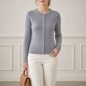 Cardigan <span class=keywords><strong>Femme</strong></span> en Mélange de <span class=keywords><strong>Laine</strong></span> Style Old Money, Tricot Câblé Effet Superposé, Coupe Décontractée, Jersey Simple, Chaud et Doux, Fabrication Personnalisée Directe Usine - Product Image 3