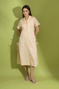 Robe chemise beige pour femme, robe midi décontractée à boutons, manches courtes, nœud sur le côté, tenue de bureau d'été - Product Image 5