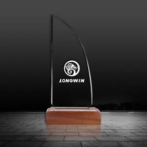 Custom Design Engraved Business Gift Crystal Glass Trophy With Wooden Base